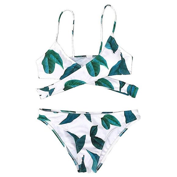 Cupshe White and Green Fresh Leaves Printing Cross Bikini size S - Picture 4 of 8